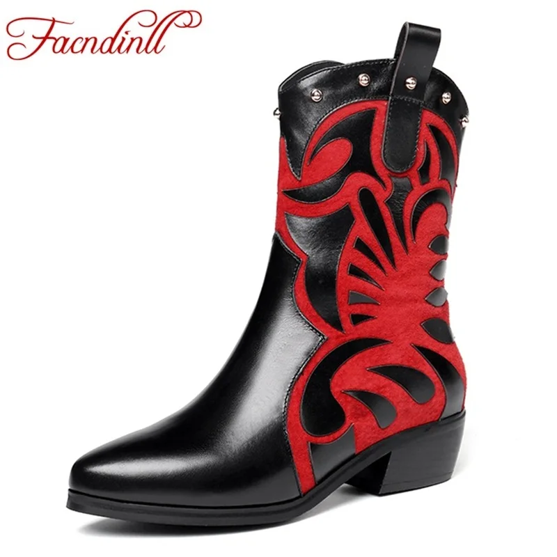 

FACNDINLL High quality women ankle boots square heel winter autumn boots real leather fretwork ladies ankle boots zapatos mujer