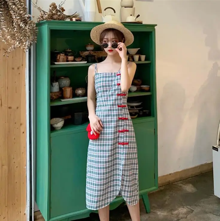 

French Vintage Split Midi Dress Elegant Plaid Spaghetti Strap Summer Dress Women Vestidos Sundress