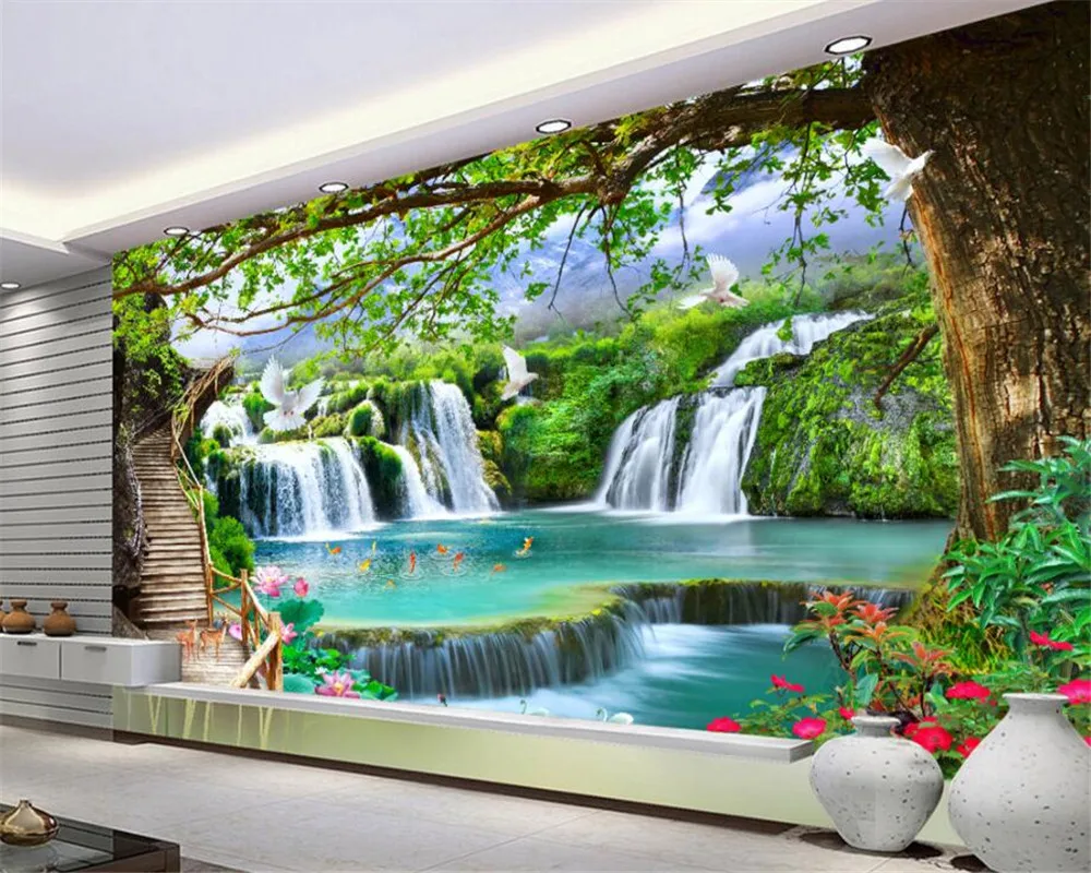 Beibehang Custom Wallpaper Mural Nature Green Tree Forest Waterfall