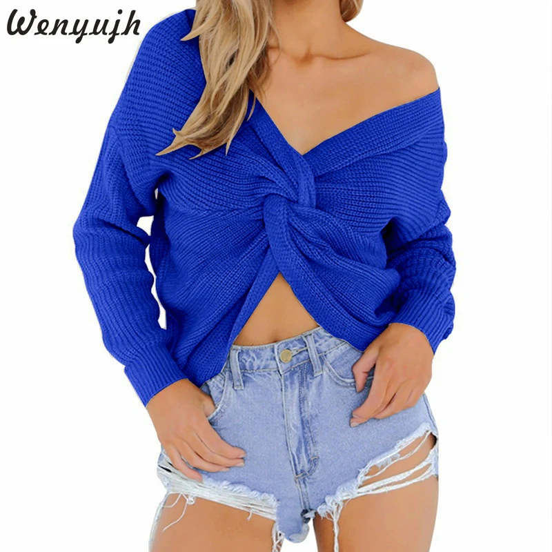 

Wenyujh 2019 Women Fashion Two Wear V-Neck Knotted Long Sleeve Sweater Sexy Twisted Pullover Jumpers Ladies Knitted Sweater Top