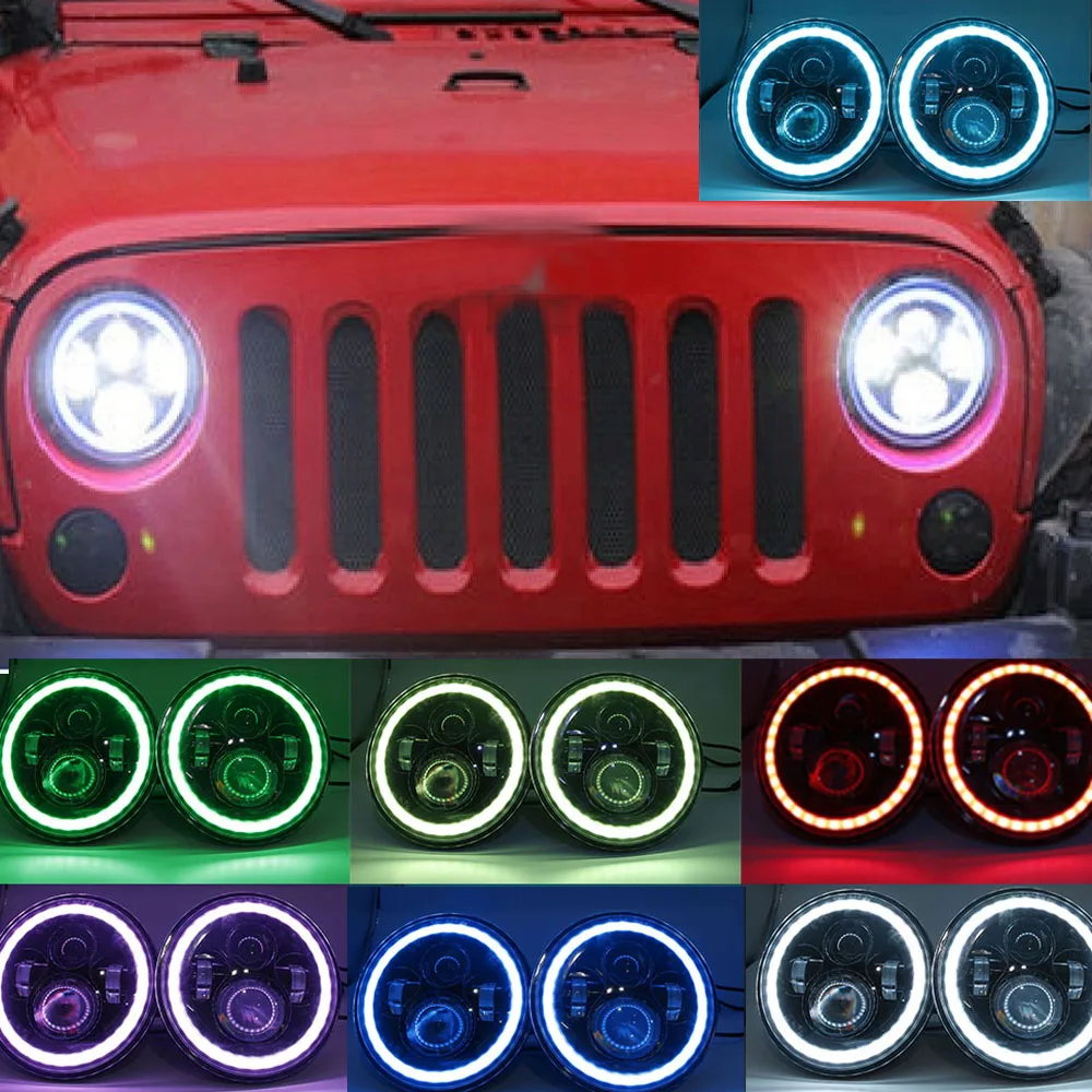 

For Lada 4x4 urban Niva 7"LED Headlights RGB Multifunction Halo Angle Eye For Jeep Wrangler JK Hummer Headlamp Driving Light DRL