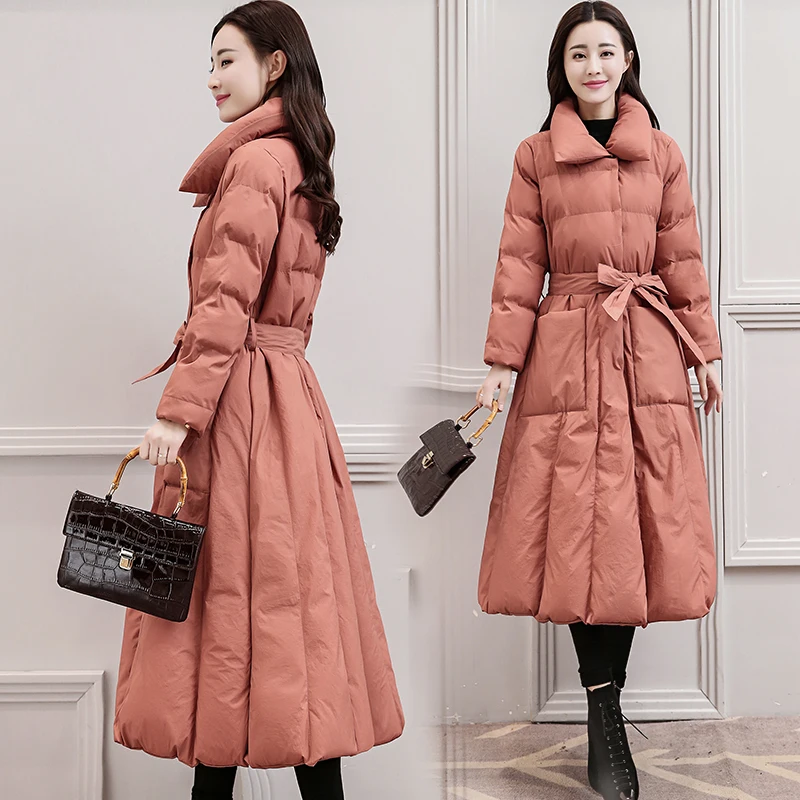 Зимнее пальто для женщин Длинная парка Модная хлопковая стеганая Женская куртка Теплая стеганая куртка с карманами женская верхняя одежда с поясом OKD309 - Цвет: skin pink