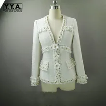 Лидирующий бренд, женское высококачественное твидовое пальто, цветы, аппликация, белая Дамская приталенная куртка, саржа, сплайсированные жемчугом, бисероплетение, v-образный вырез, куртки