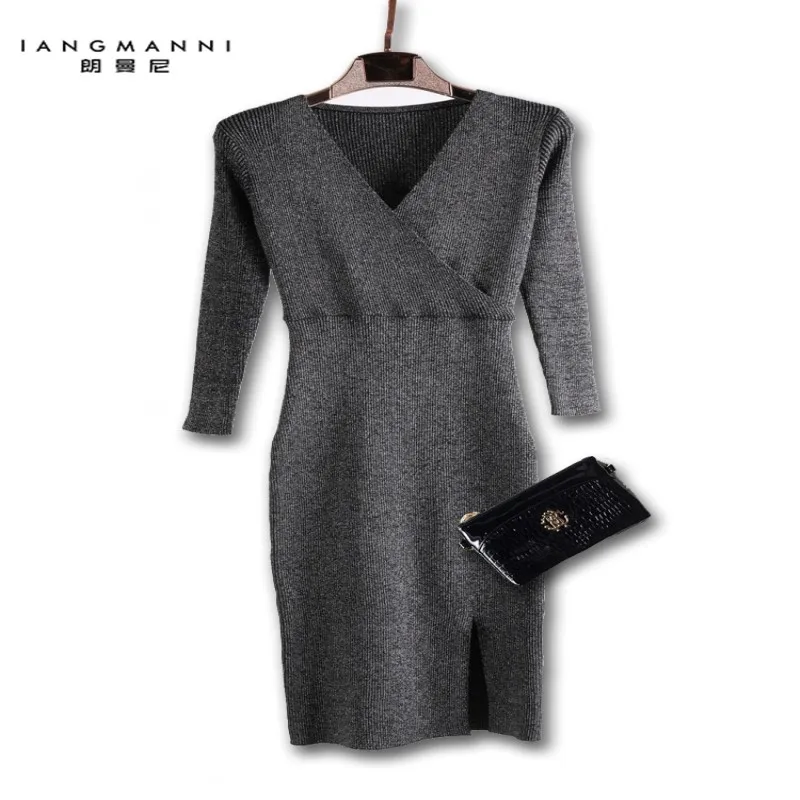 

2018 New Spring Fashion Dress V-neck Sweaters Gold Silver Sweaters Dress Split Elegant Women Slim Long Dress Female Vestidos