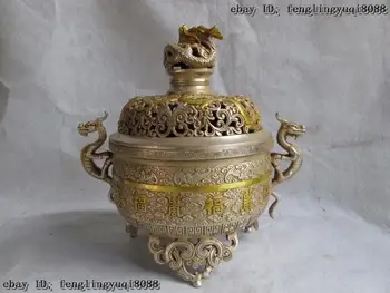 

free shipping China White Copper Silver Gilt Buddhism 2 Dragon blessing incense burner Censer