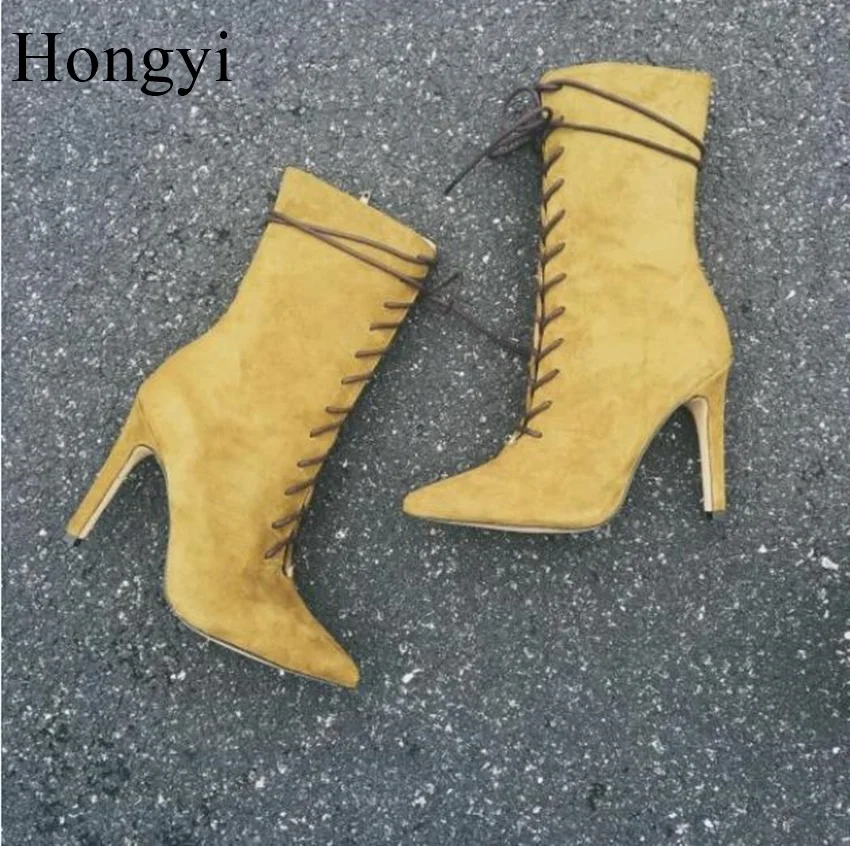 Hongyi new fashion hot selling lace-up mid-calf boots 2017 sexy pointed toe high heel boots celebrity runway gladiator boots Women's Shoes