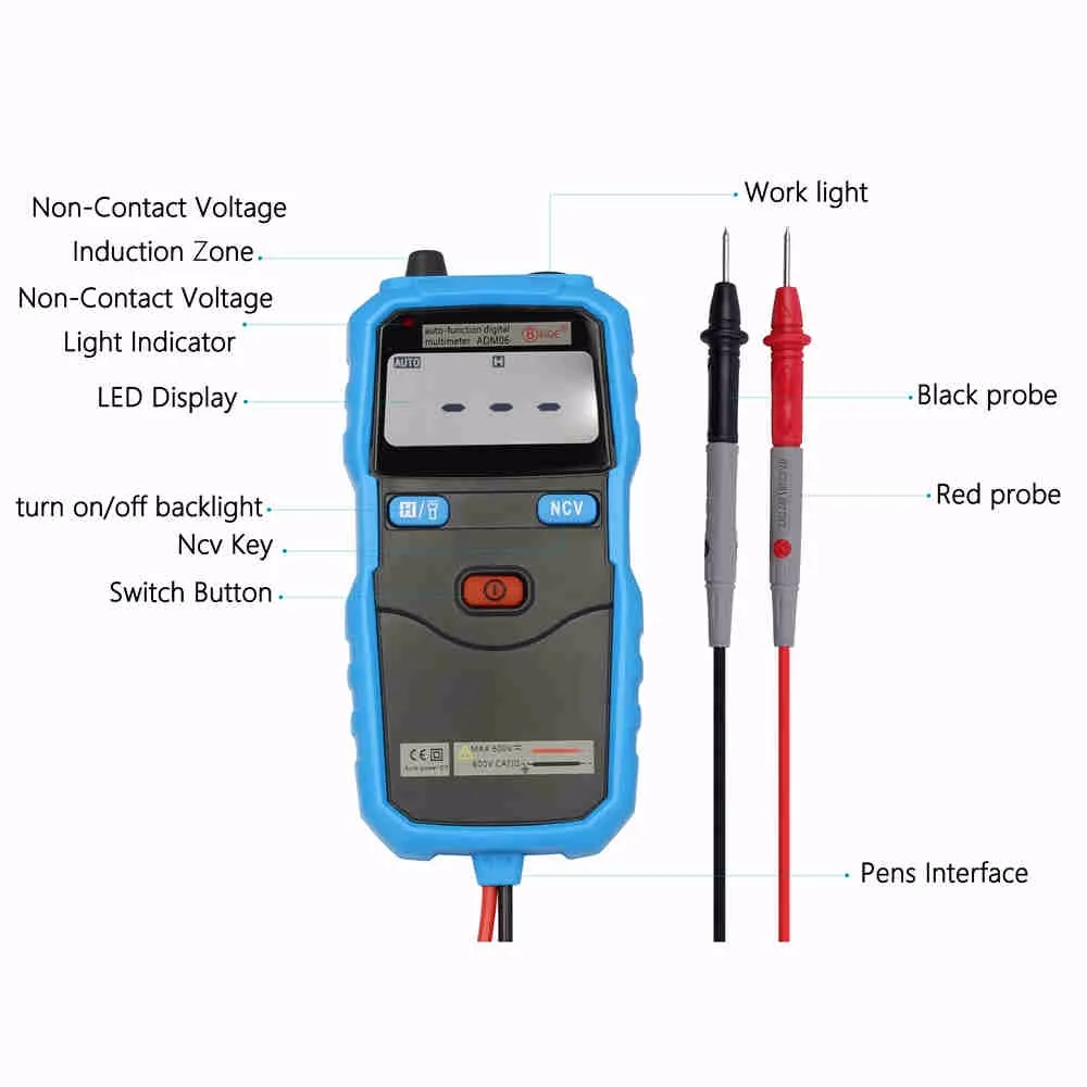BSIDE ADM06 автоматическая функция мини карманный цифровой мультиметр DC AC напряжение NCV тест непрерывности с задней светильник и рабочий светильник