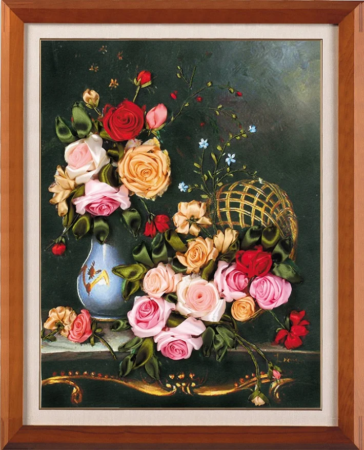 POVUOP картина, вышитая лентами 55X45 см Красивые цветение счастья лента с вышивкой для гостиной, спальни