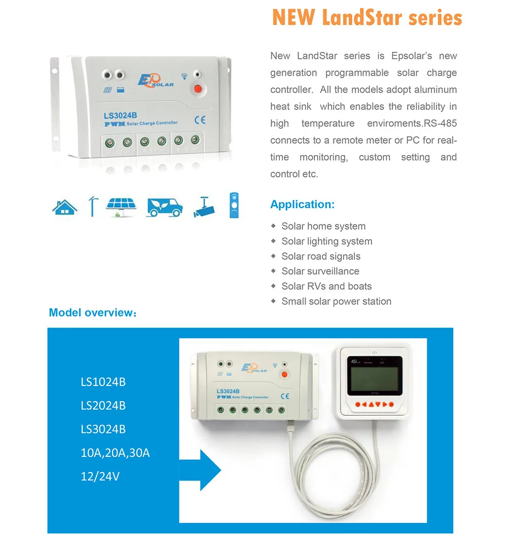 LS2024B, 20A 12 В/24 В EPSOLAR landstar PWM солнечный контроллер заряда с таймером и управлением освещением для солнечной системы питания