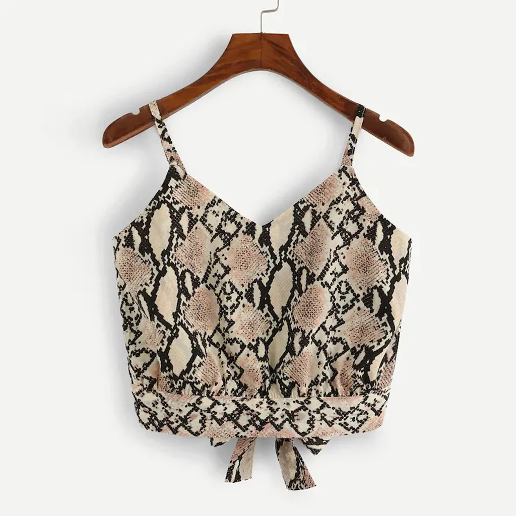 

2019 Women's Lady Self Tie Back V Neck Snake Print Crop Top Camisole Tank Blouse Tops Debardeur Femme Biquinis Feminino