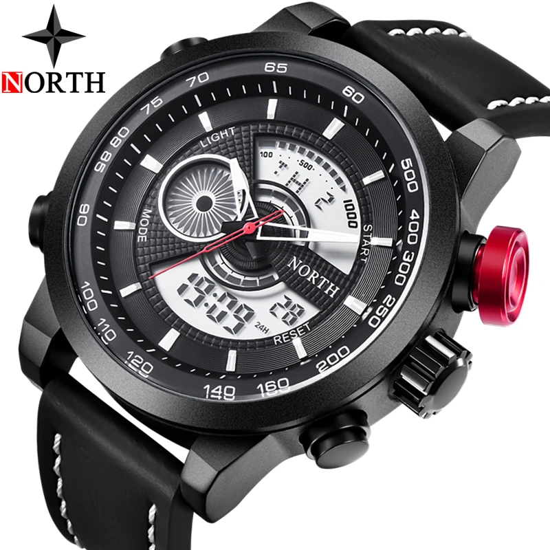 

NORTH Watch Men 2018 Mens Watches Top Brand Luxury Quartz Watch Leather Digital Waterproof Sport Watch Black Relogio Masculino