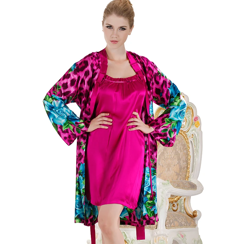 2PC Ladies Leopard Rose Print Satin Kimono Bathrobe & Solid Nightgown