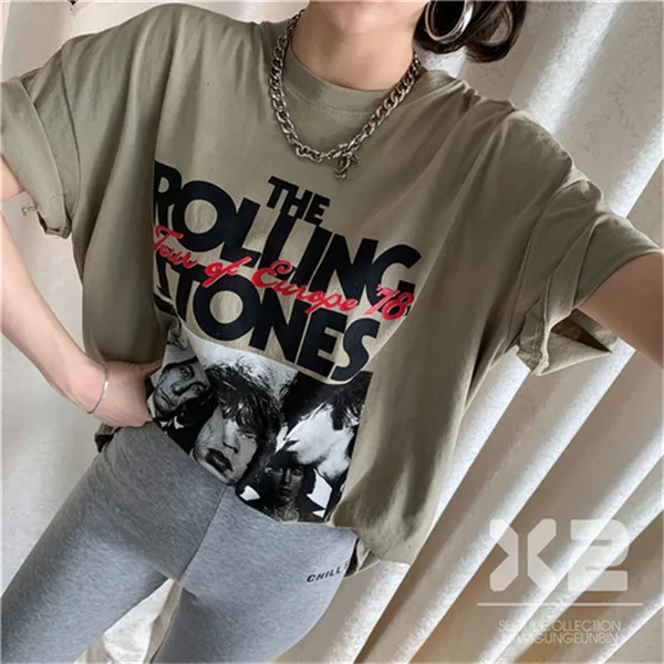 RUGOD Harajuku стиль модная женская футболка rolling stone Принт Свободные Короткие рукава белый Уличная modis летние женские топы - Цвет: Армейский зеленый