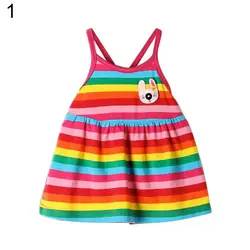 Летние для маленьких девочек цвета радуги полосатый перекрестными бретельками сзади Слип мини-платье