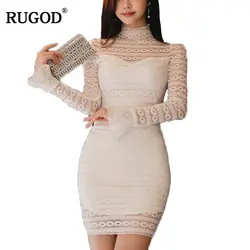 Rugod Мода Белый Bodycon Кружево платье с расклешенными рукавами водолазка Платья для женщин для Для женщин Высокая талия элегантный сплошной