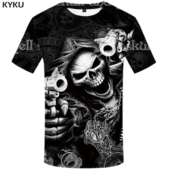 KYKU Skull T shirt Men Skeleton T-shirt Punk Rock Tshirt Gun T shirts 3d Print T-shirt Vintage Gothic Mens Clothing Summer tops