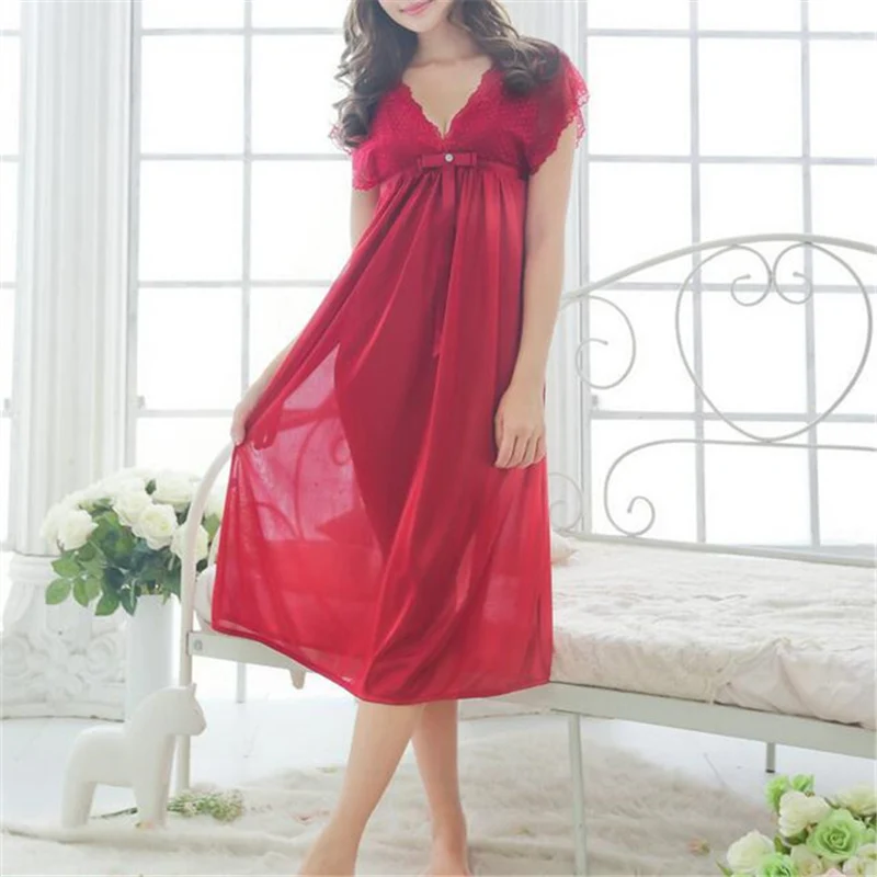 Новое поступление, кружевные ночные рубашки, одноцветные пижамы, сексуальная ночная рубашка, женское мягкое домашнее платье, винтажная длинная ночная рубашка# H162 - Цвет: Red