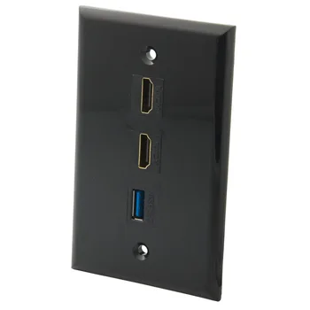 

1 Gang Solid Style Black Color 2 Ports HDMI 1 Port USB 3.0 Wall Plate With Backside Female To Female Connector
