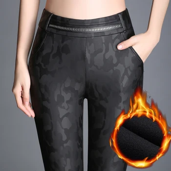 

2018 Elastic High Waist Winter Women Pants Warm Plus Thick Velvet PU Leather Pants Slim Stretch Pencil Pants Feet Pants