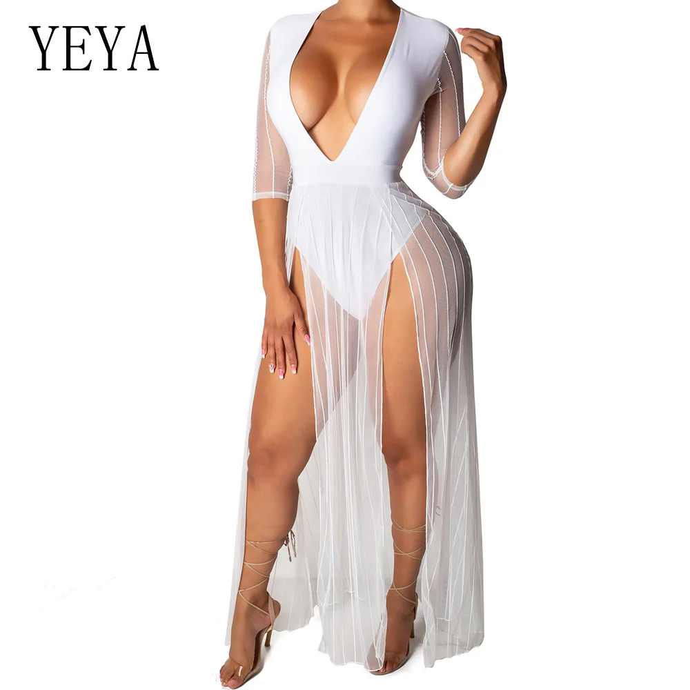 

YEYA High Quality Transparent Mesh Maxi Dresses Women Sexy Deep V Neck Half Sleeve High Split Dress Autumn Club Party Dresses