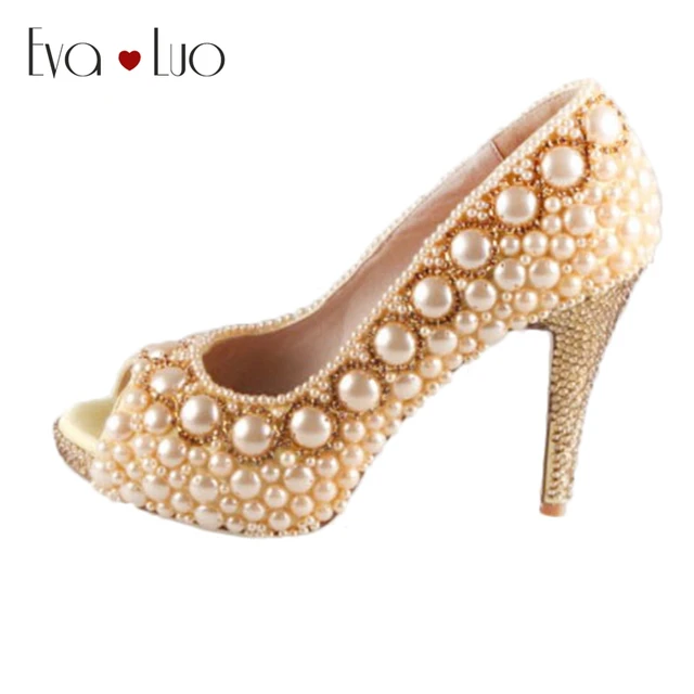 Chs017 High Quality Custom Handmade Open Toe Gold Pearl Bridal Wedding Shoes Dress Pumps Big Siize Chs017 High Quality Custom Handmade Open Toe Gold Pearl Bridal Wedding Shoes Dress Pumps Big Siize