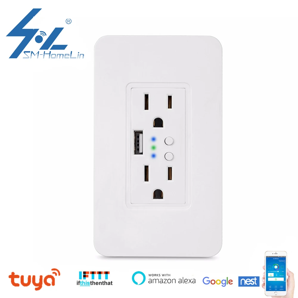 

US Smart WiFi Outlet Duplex Receptacle In-Wall Socket 2 Independent Control Outlets 5V/2.4A USB Port APP Remote Control IFTTT