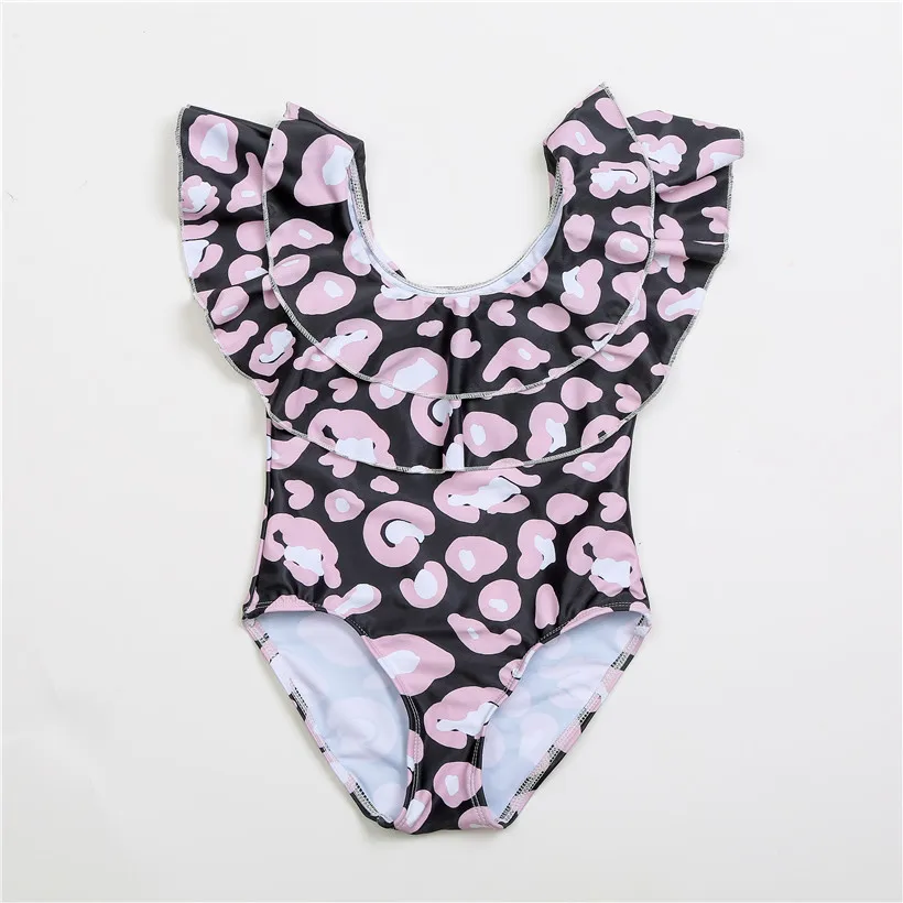 Mommy and Me One-Piece Swimsuit Family Matching Pink Check Flounce Collar Swimwear Halter Bathing Suit