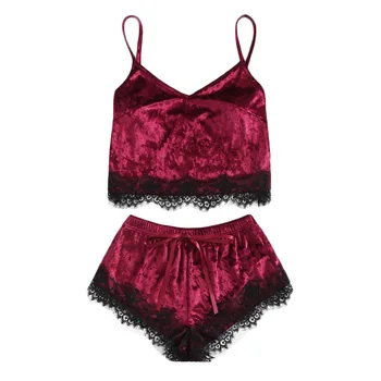 

Sexy V-neck Two-piecevelvet sling shorts suit Lingerie Night Dress Sleeveless Ladies Nightgown Lace Sleepwear Nightwear Women
