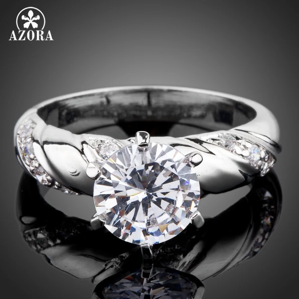 

AZORA White Gold Color 2ct Round Cut Cubic Zirconia with micro CZ Setting Engagement Rings for woman TR0077
