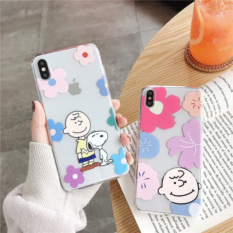 

Japanese cartoon Charlie dog case for iphone x xr xs max flower couple soft transparent case for iphone 6 6s 7 8 plus love heart