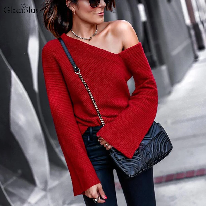 

Gladiolus 2019 Fashion Autumn Winter Sweater Women One Shoulder Flare Sleeve Loose Sexy Knitted Sweater Women Pullover Jumpers
