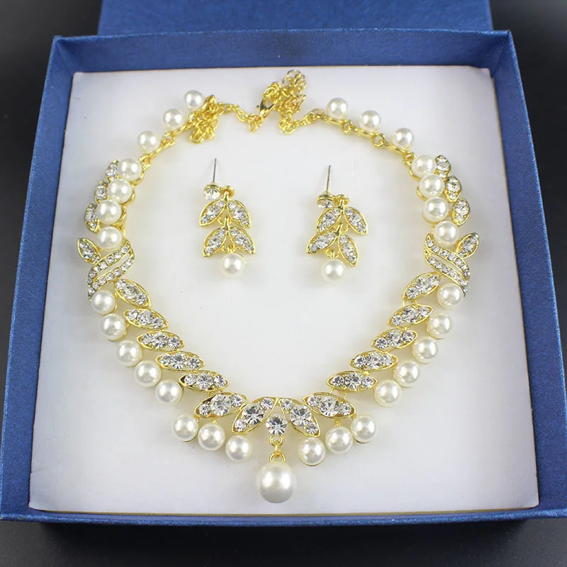 Свадебные украшения jiayijiaduo, комплекты ювелирных изделий, ожерелье, серьги, золотой цвет, имитация жемчуга, вечерние аксессуары для банкета - Окраска металла: 2
