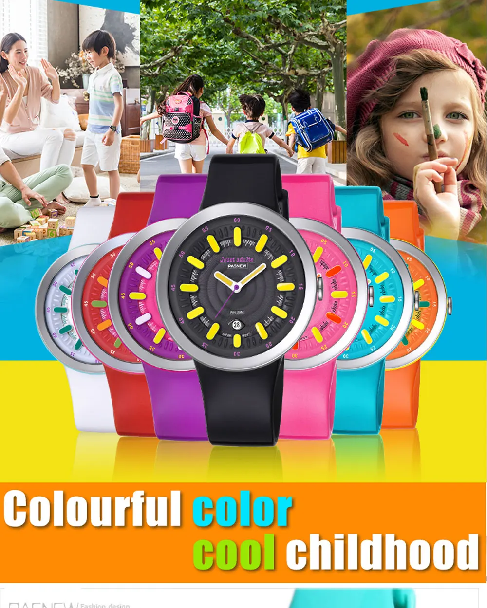PASNEW Мода конфеты цвет Детские Кварцевые часы Водонепроницаемый 30 м с японский механизм Miyota даты PJA-6002A
