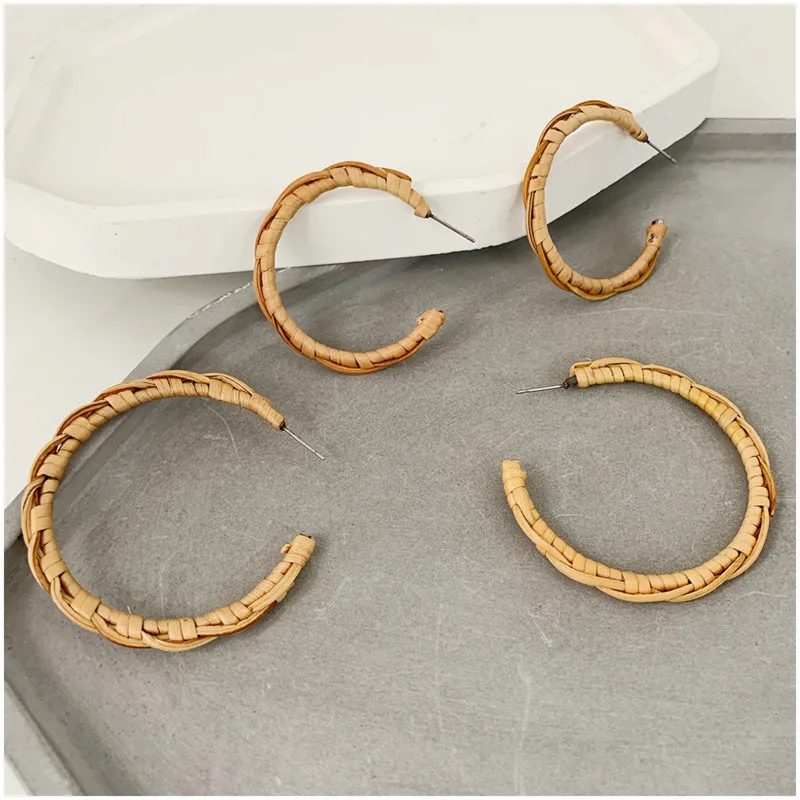 

Korean Earrings 2019 Female Ear Rings Fashion C-shaped Straw Geometric Bamboo And Rattan Weaving Big Small National Jewelry