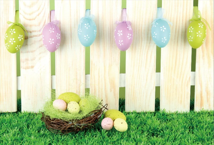 

Laeacco Easter Day Photography Backdrop Eggs Rabbit Grassland Fence Scene Baby Children Photographic Background For Photo Studio