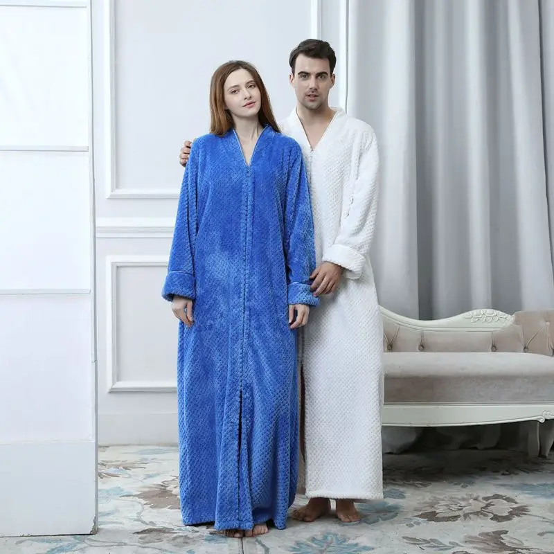 

Couples Long Zipper Flannel Bathrobe Sleeping Robe Women Cloak Peignoir Dressing Gowns Women Badjas Winter Women's Clothing