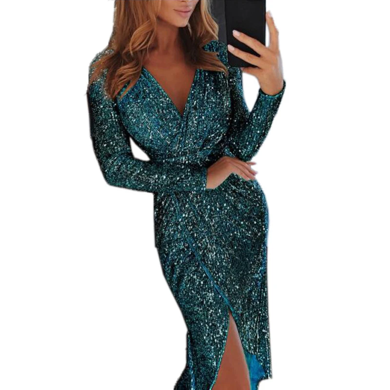 

Sexy Cross V-neck Women Lighting Sparkly Bodycon Split Night Dresses Autumn Long Sleeve Party Sheath Sequin Slim Dress