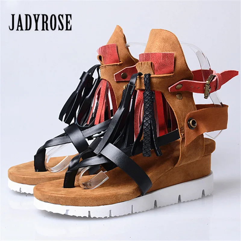 

Jady Rose Fringed Female Sandals Beach Flip Flops Genuine Leather Summer Gladiator Sandal Platform Wedge Shoes Woman Wedges