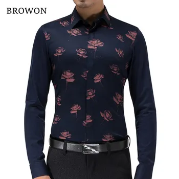 

BROWON 2020 New Fastion Mens Dress Shirt Slim Fit Long Sleeve Floral Print Turn Down Shirt Brand-clothing Camiseta Masculina