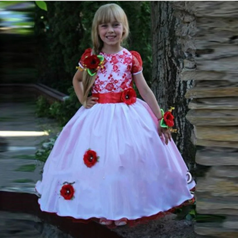 Pierwsza Komunia Sukienki Dla Dziewczynek Białe I Czerwone Koronki Kwiat Dziewczyny Sukienka na Wesele Paciorkami Aplikacje Satin Dziewczyny Korowód Suknie