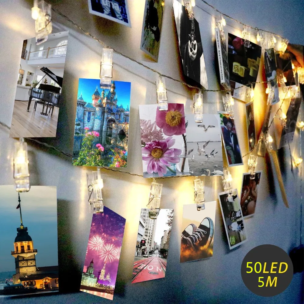10 50LEDs зажим для фото светодиодная гирлянда на батарейках декоративные огни