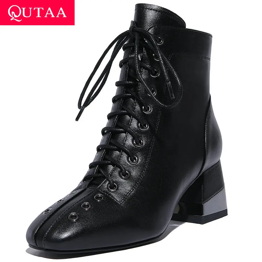QUTAA/; Модные Качественные ботильоны из коровьей кожи с квадратным носком; женские ботинки на молнии со шнуровкой; зимняя обувь на квадратном каблуке; размеры 34-43