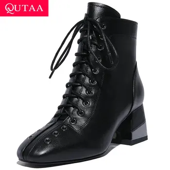

QUTAA 2020 Fashion Square Toe Quality Cow Leather Ankle Boots Zipper Lace Up Women Boots Square Heel Winter Shoes Size 34-43