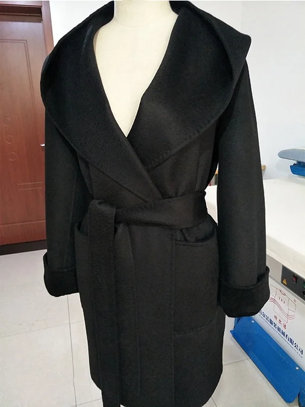 Сезон зима-весна. женская модная повседневная Длинный дизайн воды пульсации поверхности шерстяное пальто с капюшоном - Цвет: Черный