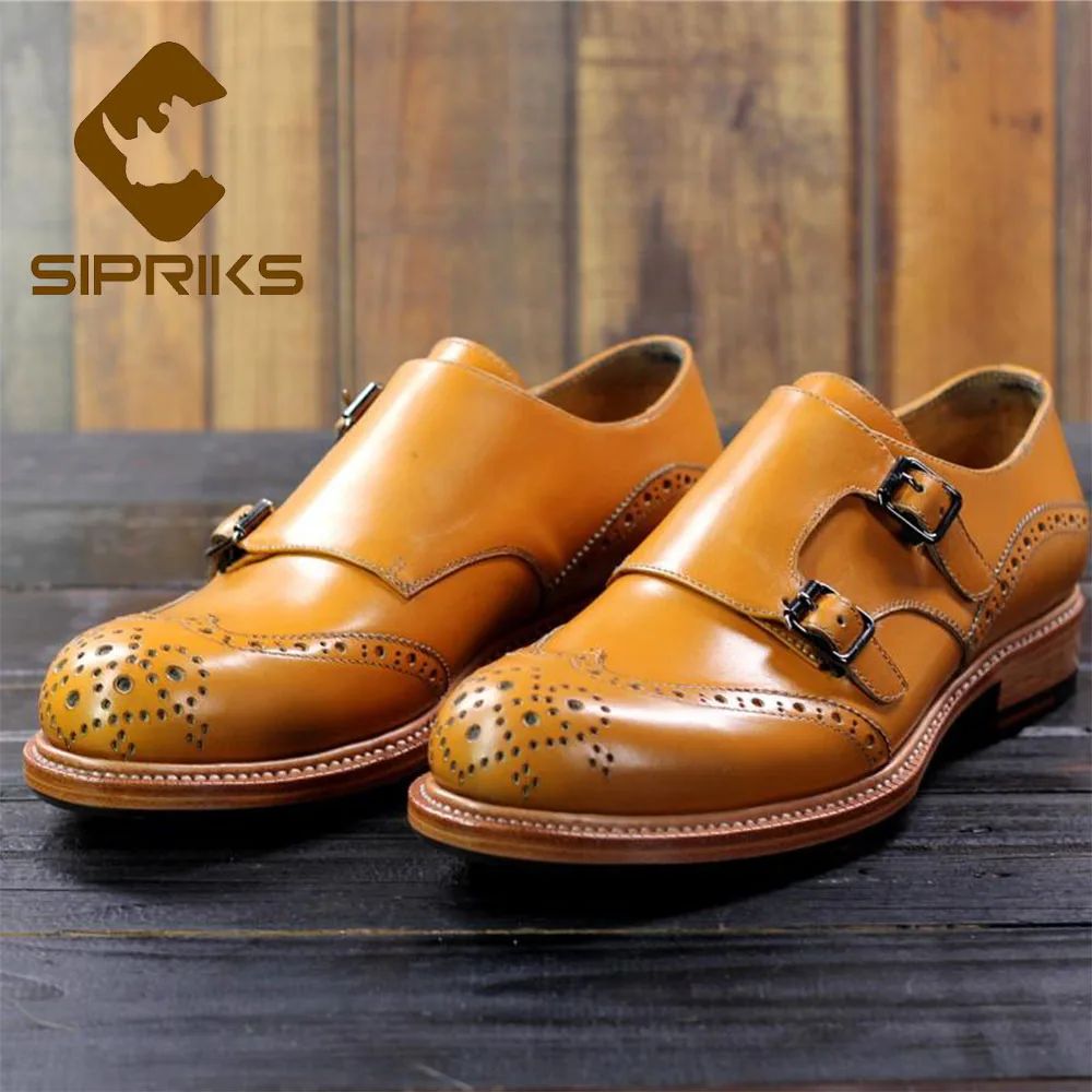 Sipriks импорт из Франции телячьей кожи модельные туфли мужские желтые мужские костюм обувь на заказ Шитье рант двойной Монк ремень Офис 46