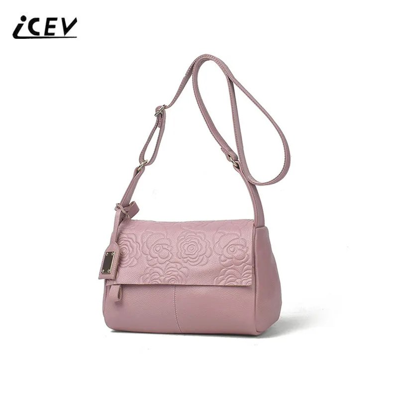 

ICEV New Print Flower Genuine Leather Bags Simple High Quality Cowhide Women Leather Handbags Top Handle Bag Women Messenger Bag