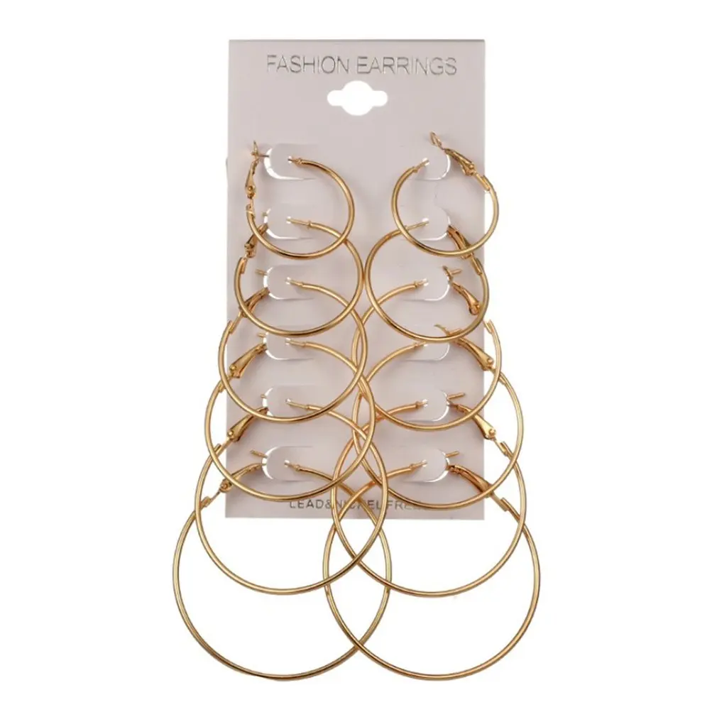 Big Circle Smooth Large Hoop Earring 6Pairs Women Round Metal Ring Earrings Party Night Club Gold Silver Hyperbole Casual Chic | Украшения