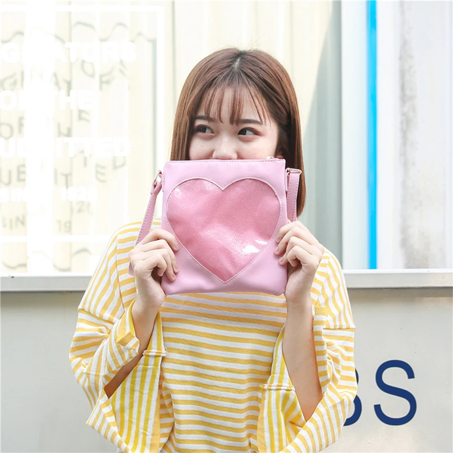 Cute Transparent Heart Women Messenger Bag Kawaii Teenage Girls Single Shoulder Bags High Quality PU Leather Ita Bag Women Bolsa