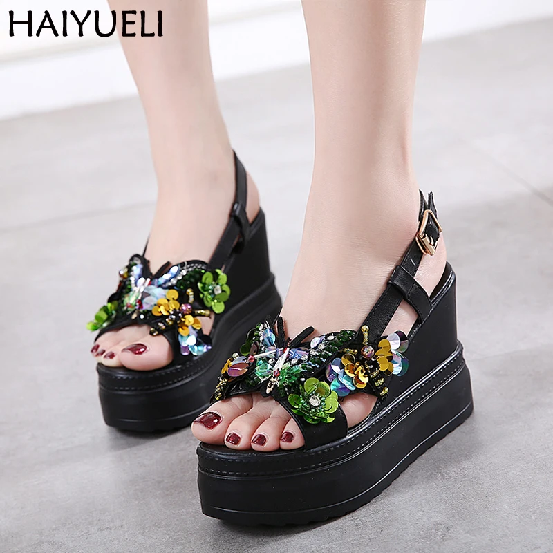

Women Shoes Wedges Platform Sandals Fashion Rhinestone Colored Bow High Heels Sandals 10cm Thick Soled Shoes Ladies Sandles