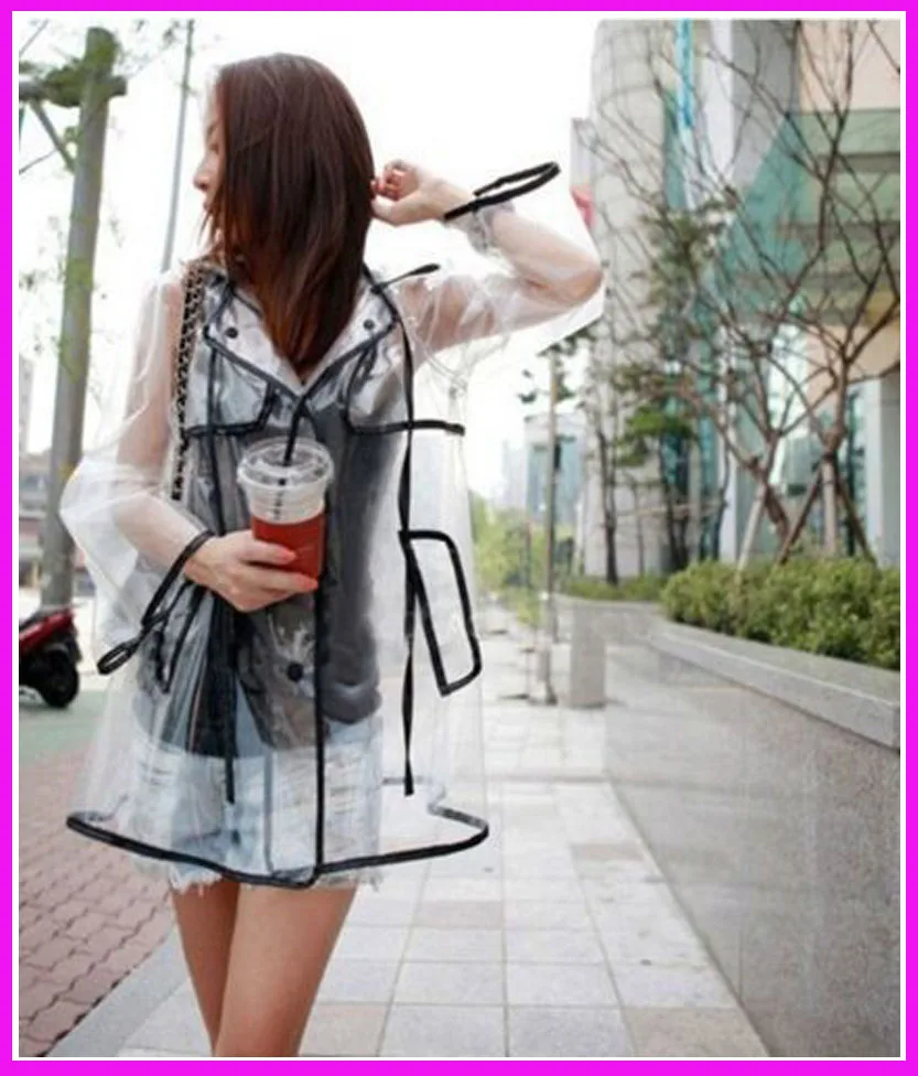 Hot Sale Women Girls Men Black Transparent Raincoats EVA Runway Clear Rain Coat Fashion Outdoor Travel Waterproof Rain Coat,